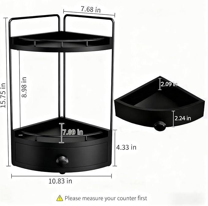 Aollewoiti 2-Tier Corner Bathroom Counter Organizer with Drawer, Black