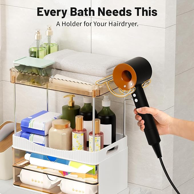 Bathroom Counter Organizer with Hair Dryer Holder, 2 Tier Storage Drawers