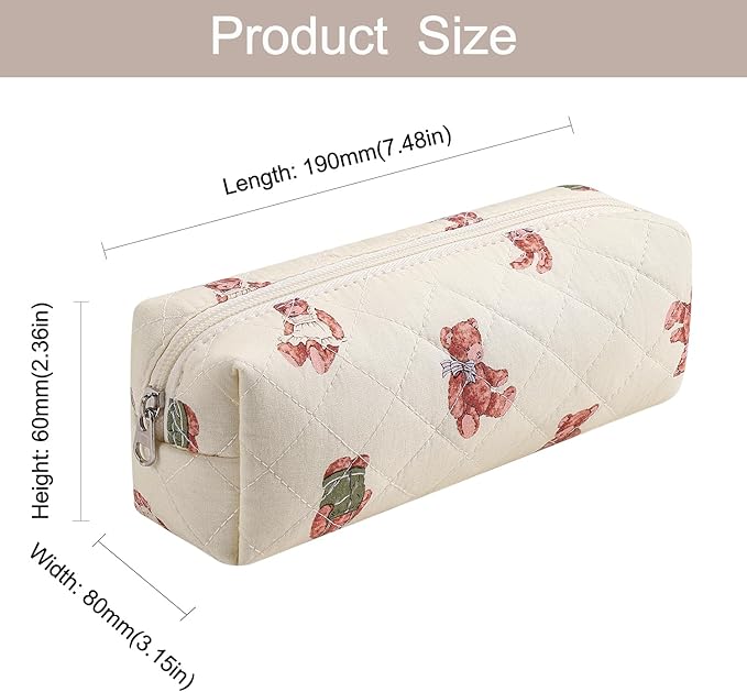 WHHJM Cute Floral Makeup Brush Bag Small Cotton Quilted Cosmetic Bag for Women Travel Toiletry Zipper Make Up Pouch (Bear)