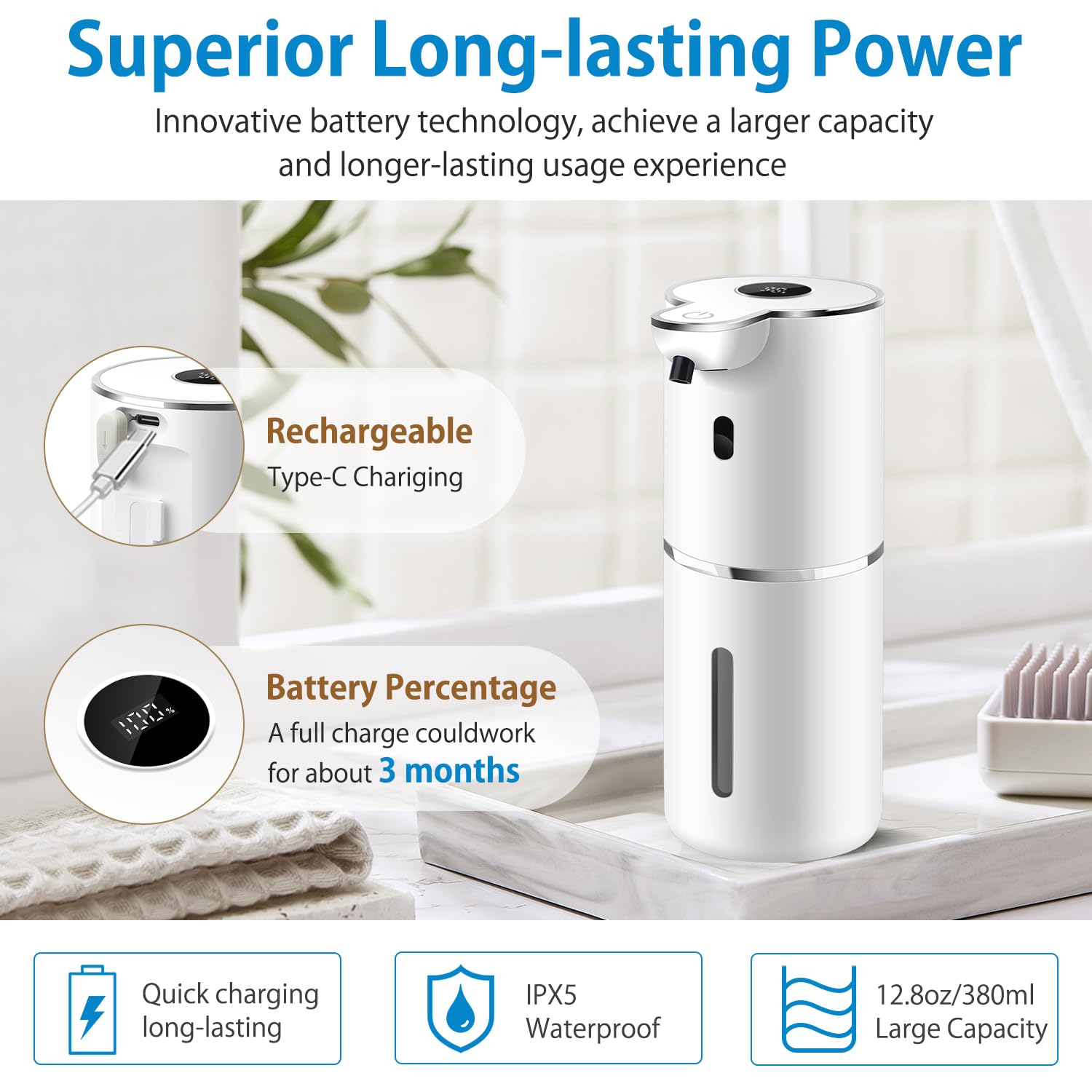 Automatic Liquid Soap Dispenser 12.8oz, Rechargeable & 6 Levels Soap Adjustable with Digital Display, Wall Mount, Waterproof, Touchless Hand/Dish Soap Dispenser for Kitchen, Bathroom, Hotel