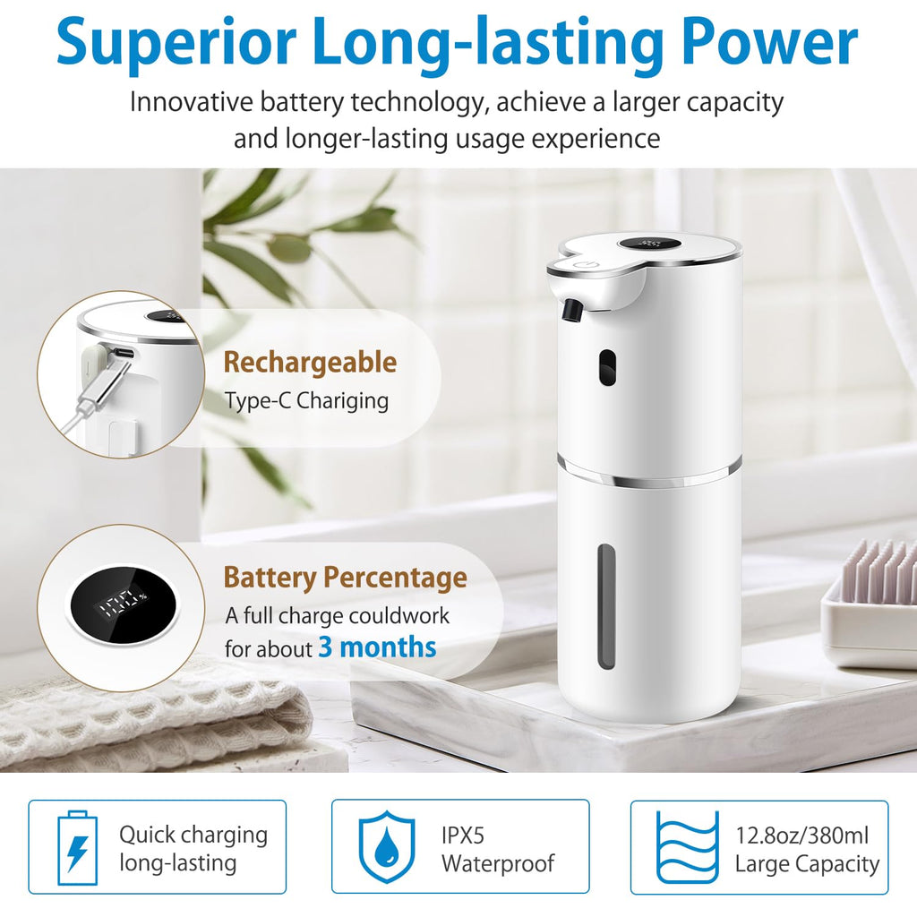 Automatic Liquid Soap Dispenser 12.8oz, Rechargeable & 6 Levels Soap Adjustable with Digital Display, Wall Mount, Waterproof, Touchless Hand/Dish Soap Dispenser for Kitchen, Bathroom, Hotel