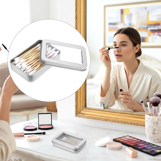 Shimmeroo 2PCS Metal Cotton Swab Holder, Portable Small Floss Pick Holder, Reusable Empty Metal Cotton Ball Case with Dust Lid for Travel Swabs Hair Ties Floss