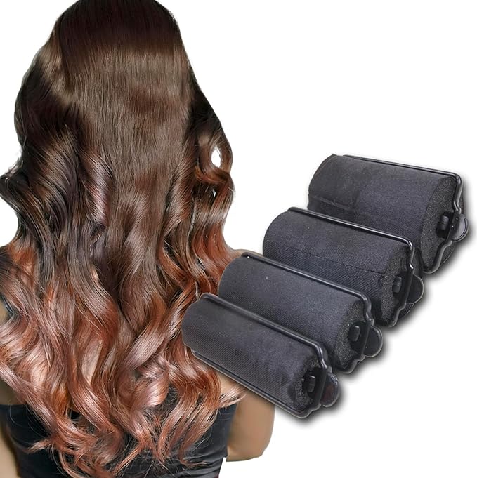 DONNA Silky Satin Foam Rollers 1.25"(D) 6PCS XL Hair Styling Heatless Curlers and Clips for Hairdressing BLACK