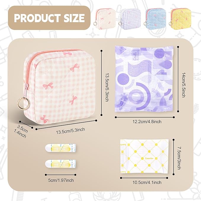 Playexen Period Bag for Teen Girls, Quilted Sanitary Napkin Storage Bag, Cute Bow Tie Menstrual Pad Pouch Tampon Holder (Plaid Pink)