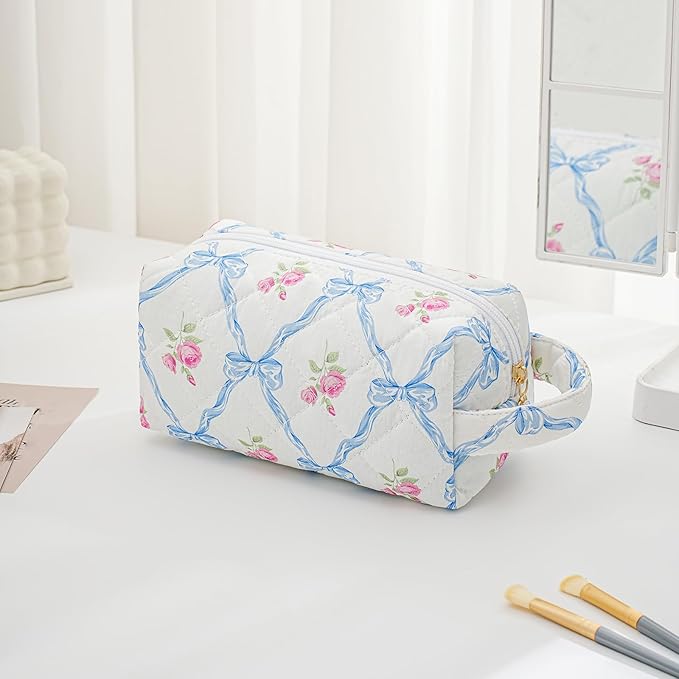 HHQQWZ Makeup Bag Travel Cosmetic Bag for Women, Zipper Make Up Pouch, Floral Flowers Toiletry Organizer Makeup with Handle, Cosmetic Travel Cloth Bag (Blue Bowknot)