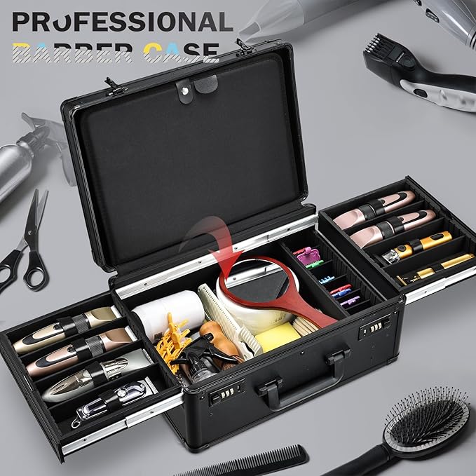 Yueieoun Barber Case with Clippers Sliding Tray, Profesional Barbers Briefcase Tool Case, Barber Cases for Clippers and Supplies, Hair Scissors Trimmer Organizer, Salon Grooming Hard Travel Suitcase