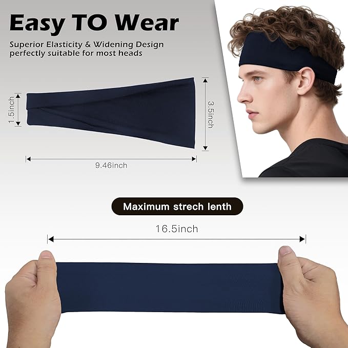 Sport Headbands for Men 6 Pack, Summer-Exclusive Lightweight Elastic Soft Fabric Non-Slip Men Hair Bands Hair Warp Running Cycling Sports Tennis Basketball Daily Workout