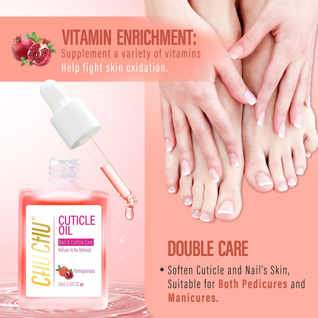 CHUCHU Vegan Cuticle Oil for Nail: Pomegranate Scent Natural Vitamin B & E Nail Oil - Hydrates Moisturizes Repairs for Nails Damage Dry Cuticle 0.51 Fl Oz