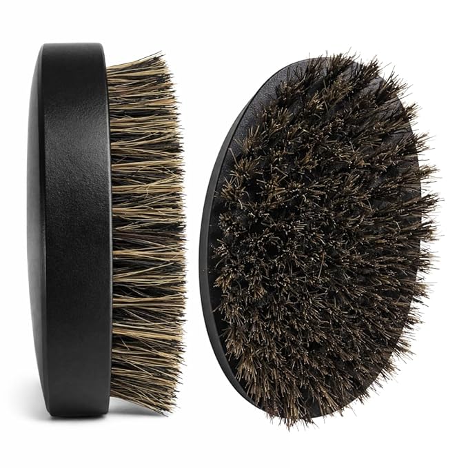 Beard Brush for Men, Natural Boar Bristles, Black Oval Wave Brush, Warp Resistant Wood Handle, for Fuller Thicker Hair, Beard & Mustache Growth, Exfoliation (Black 2)
