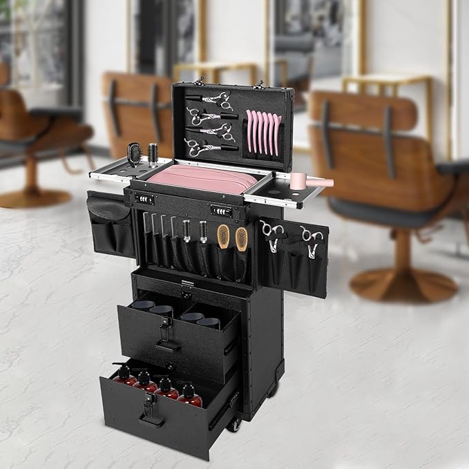 LXYIUTRW Bepritm Rolling Makeup Case, Large Retro Train Case Hairdressing Trolley with Universal Casters & Combination Lock, Travel Hair Tool Organizer for Barber, Beauty Stores, Nail Salons (Black)