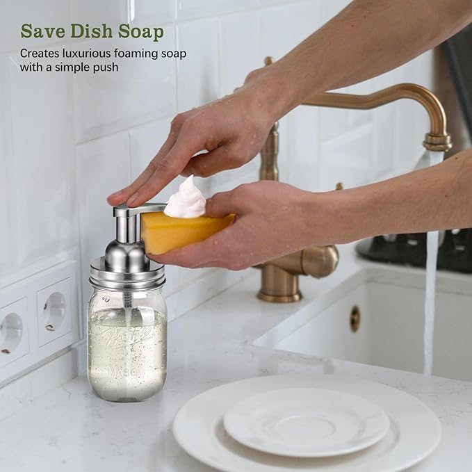Amolliar Plastic Mason Jar Foaming Soap Dispenser with Pump Lid,16OZ Refillable Hand Soap Dispenser Set with Cute Lables - Farmhouse Decor for Kitchen/Bathroom, Lotion Dish Soap (2 Pack, Silver)