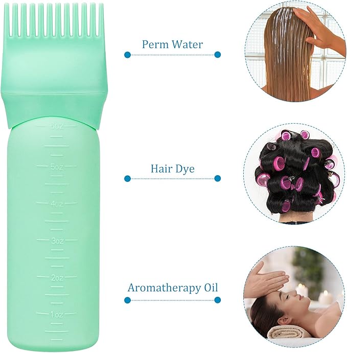 Cosywell 3 Pack Root Comb Applicator Bottle 6 Ounce Hair Oil Bottle Hair Dye Applicator Brush for Hair Root Comb Color with Graduated Scale(Pink Blue Green)