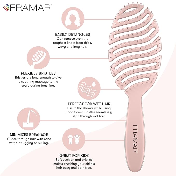 FRAMAR Vented Pink Hair Brush For Women – Flex Brush With Bendable Frame, Wet Hair Brush Detangler, Wet Hairbrush For Women, Vented Design For Faster Blow Drying and Less Breakage – Pain Free