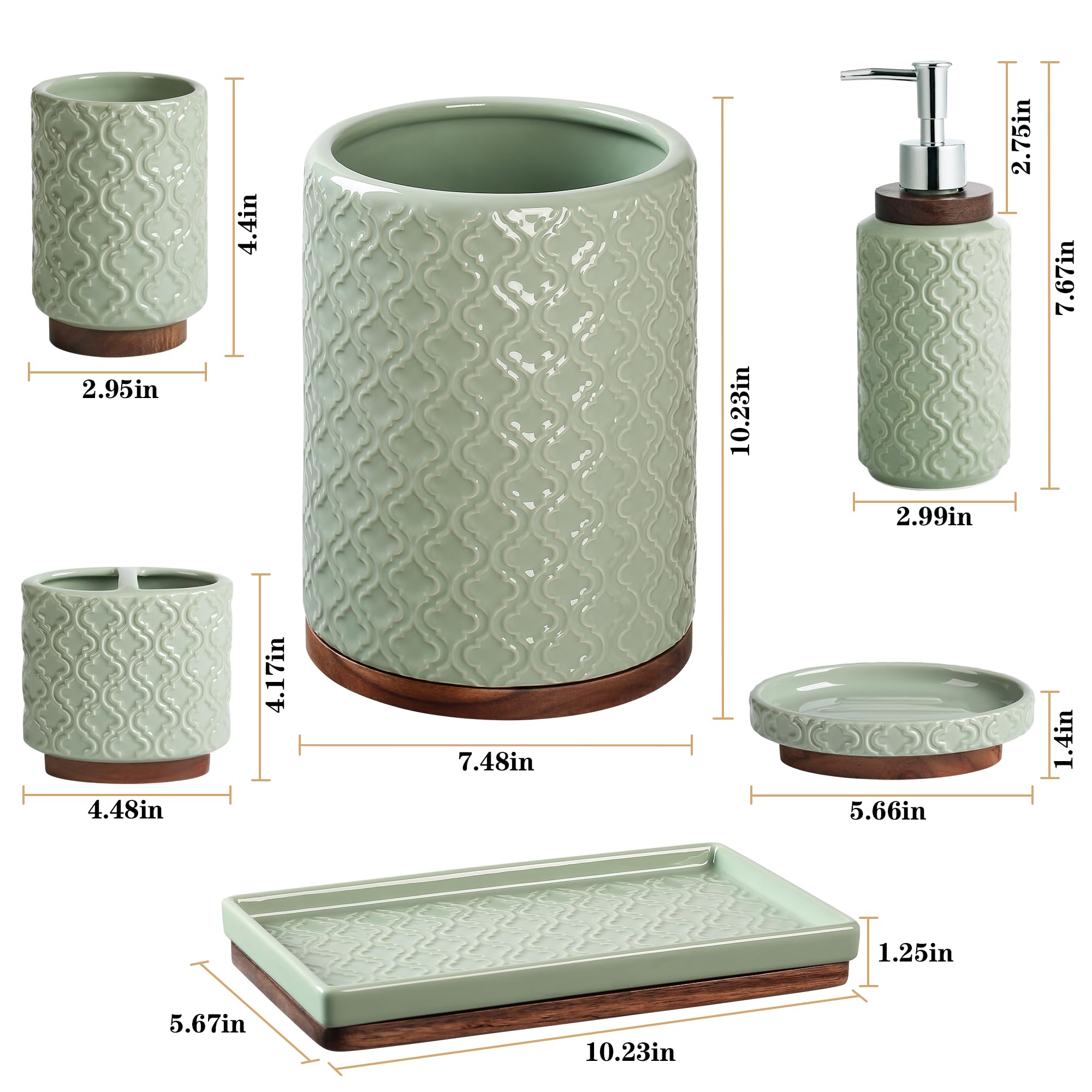 RQYIXI Elegant 6 PCS Ceramic&Wood Bathroom Accessories Set:Soap Dispenser,Toothbrush Holder,Tumbler,Soap Dish,Tray,Trash Can,Easy to Clean,Quatrefoil Pattern,Green-Affordable Home Luxury