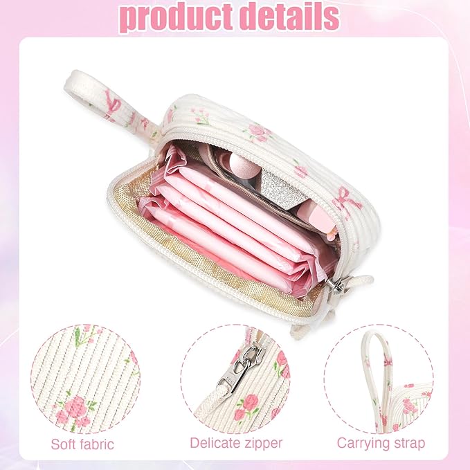 Chicarries Small Makeup Bag | Discreet Period Bag Pad Pouch for Purse| Sanitary Napkin Storage & Tampon Holder for Travel Wallets and Handbags(Flower bow beige)