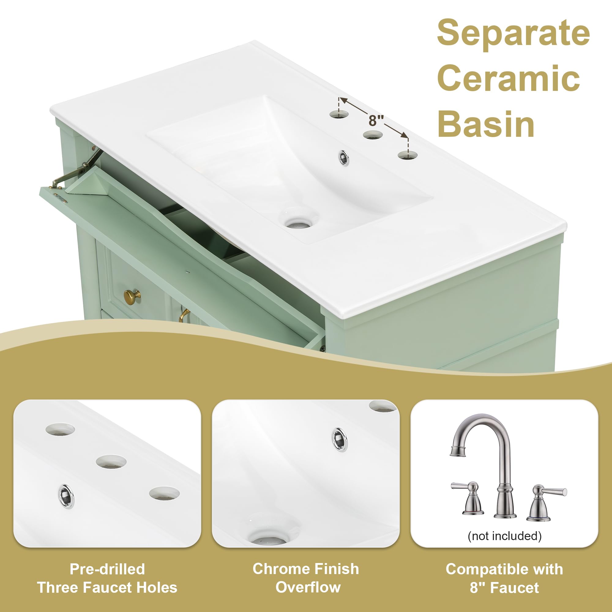 Harper & Bright Designs 36" Bathroom Vanity with Sink, Free Standing Bathroom Vanity Set with Flip Drawer, 2 Drawers, and Adjustable Shelf, Wood Storage Cabinet with Ceramic Basin for Bathroom, Green
