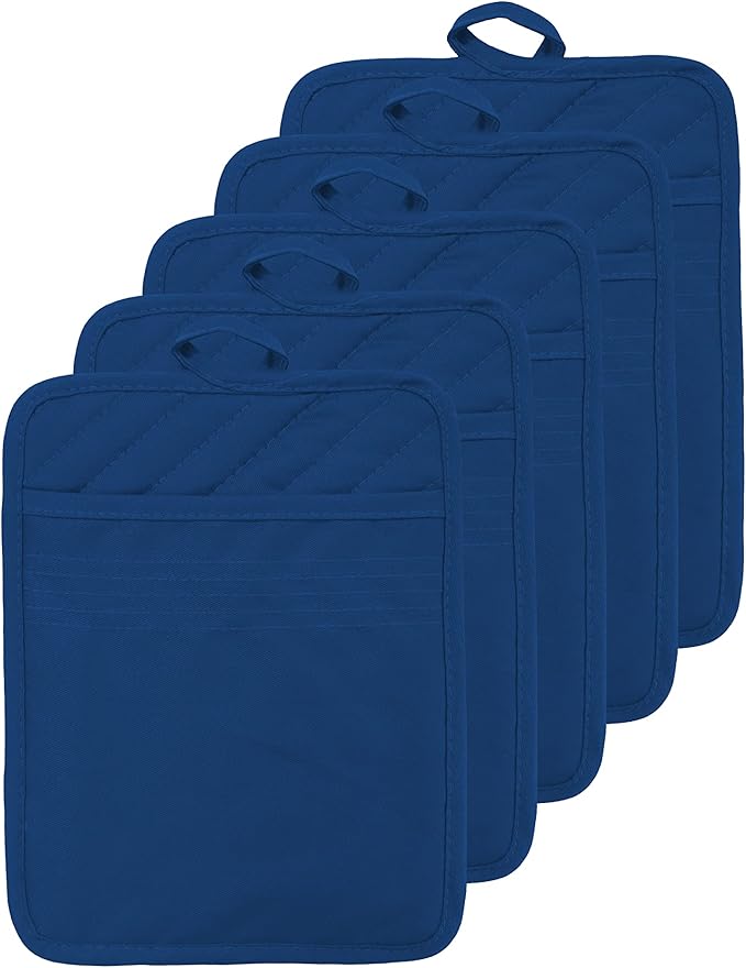 VEIKERY Oven Pot Holder with Pocket Cotton Heat Resistant Coaster Potholder Kitchen Hot Pad Oven Mitts for Cooking Square 7"x9"Set of 5 (Blue)