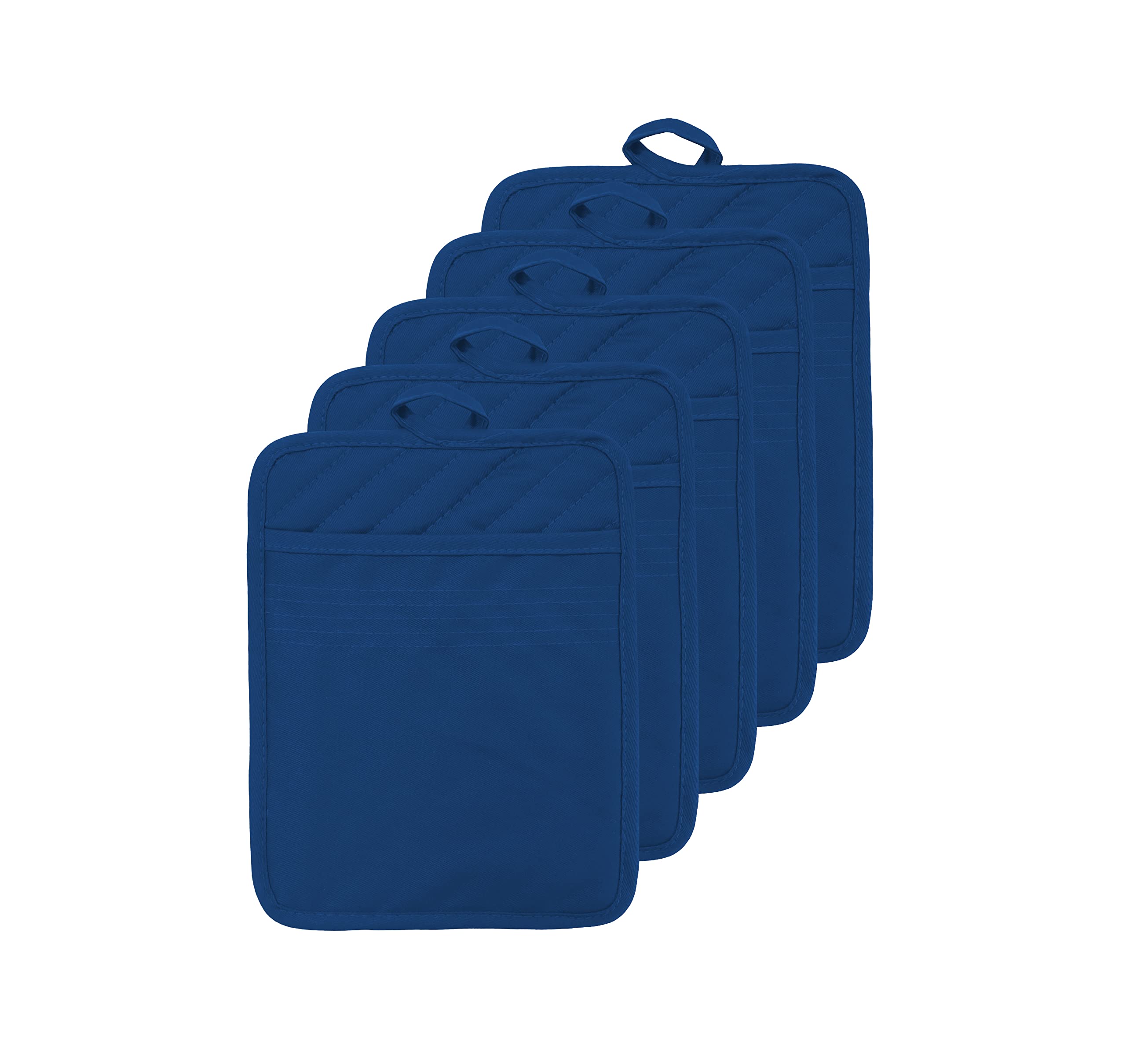 VEIKERY Oven Pot Holder with Pocket Cotton Heat Resistant Coaster Potholder Kitchen Hot Pad Oven Mitts for Cooking Square 7"x9"Set of 5 (Blue)