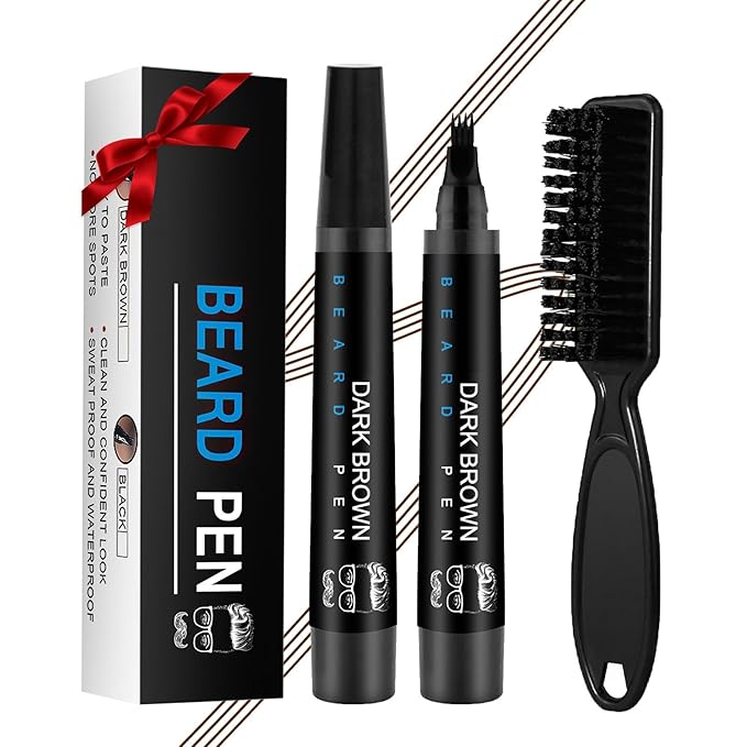 Beard Filler Pencil - Beard Pen with Brush, Barber Pen Water-proof Mens Grooming Kits Creating Natural Beard Color (Dark Brown)