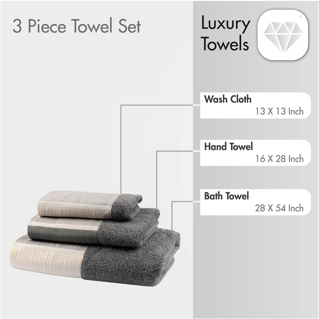 Zahari Home Modern Line Bathroom Towel Set - 3 Piece Set, Modern Design, Luxury Gray Towels