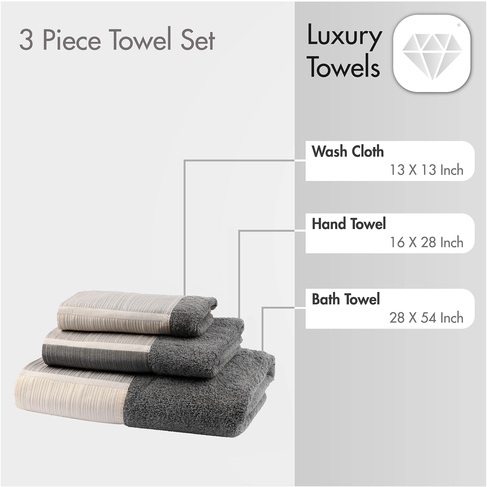 Zahari Home Modern Line Bathroom Towel Set - 3 Piece Set, Modern Design, Luxury Gray Towels