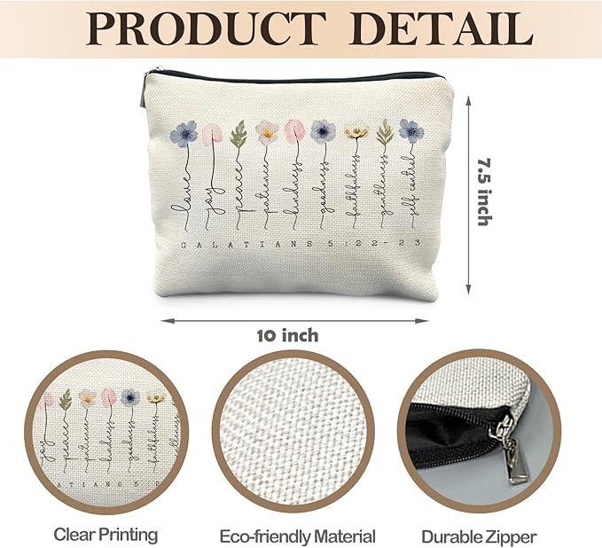 Likjad Christian Gifts Makeup Bag, Floral Christian Cosmetic Bags for Women, Galatians 5:22-23 Bible Verse Makeup Pouch, Faith Based Gifts Zipper Pouch