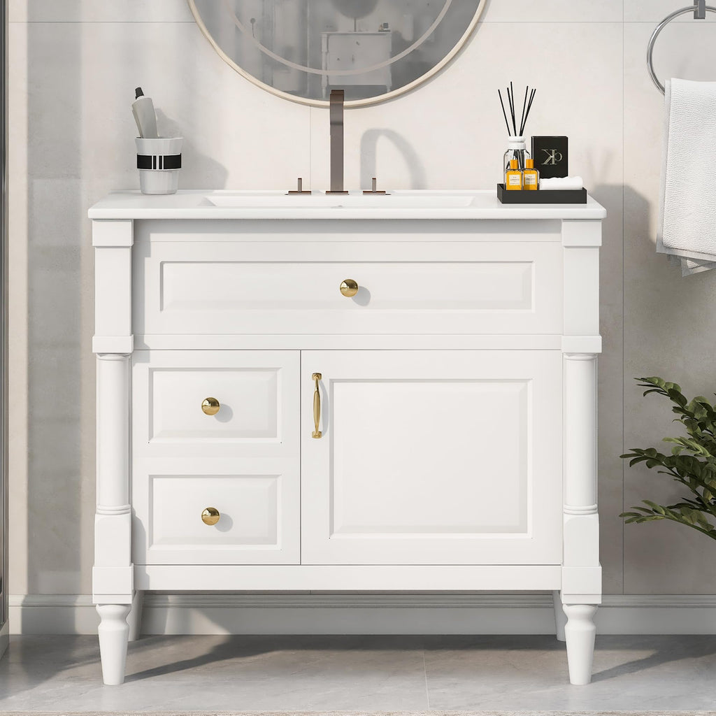 Harper & Bright Designs 36" Bathroom Vanity with Sink, Free Standing Bathroom Vanity Set with Flip Drawer, 2 Drawers, and Adjustable Shelf, Wood Storage Cabinet with Ceramic Basin for Bathroom, White