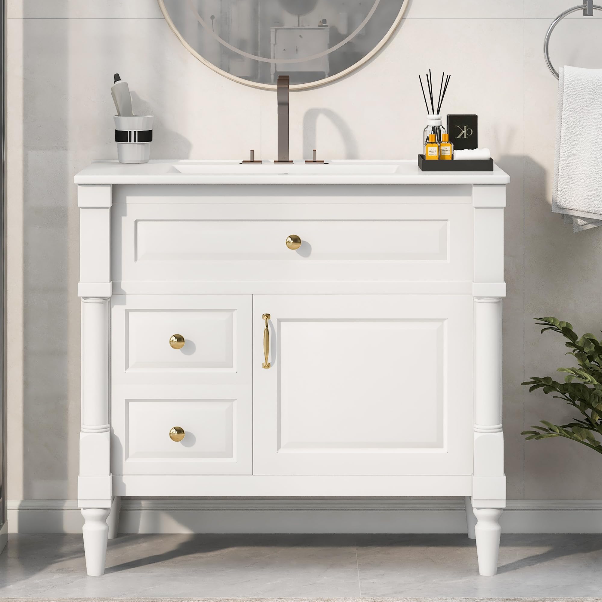 Harper & Bright Designs 36" Bathroom Vanity with Sink, Free Standing Bathroom Vanity Set with Flip Drawer, 2 Drawers, and Adjustable Shelf, Wood Storage Cabinet with Ceramic Basin for Bathroom, White