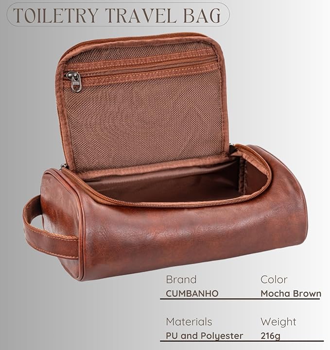 Mens Toiletry Bag, Compact Dopp Kit for Men Travel, PU Leather Shaving Kit, Water-Resistant Minimalist Organizer with Wrist Strap, Fits Grooming Essentials,Large 10x6.5x4 Inch Mocha Brown