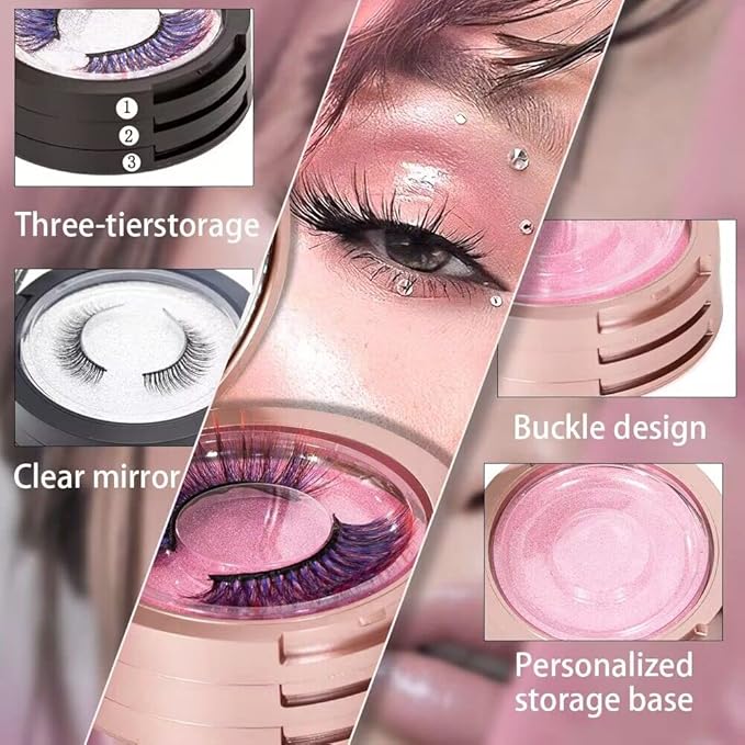 Eyelash Storage Box-2 Pack Eyelash Holder Case with Mirror 3Layers Circle Eyelash Box with Lash Holder Empty Makeup Case Travel for Women and Girls(Black,Rose Gold)