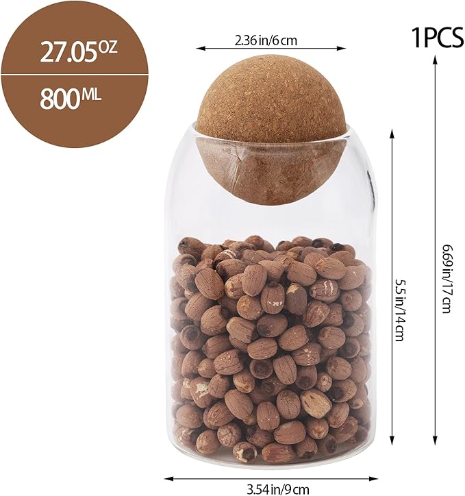1 Pack 6.69 In Glass Storage Container, Ball Cork Jar Decorative Organizer, Cute Canister for Tip Change Sugar/Cotton Swab Holder
