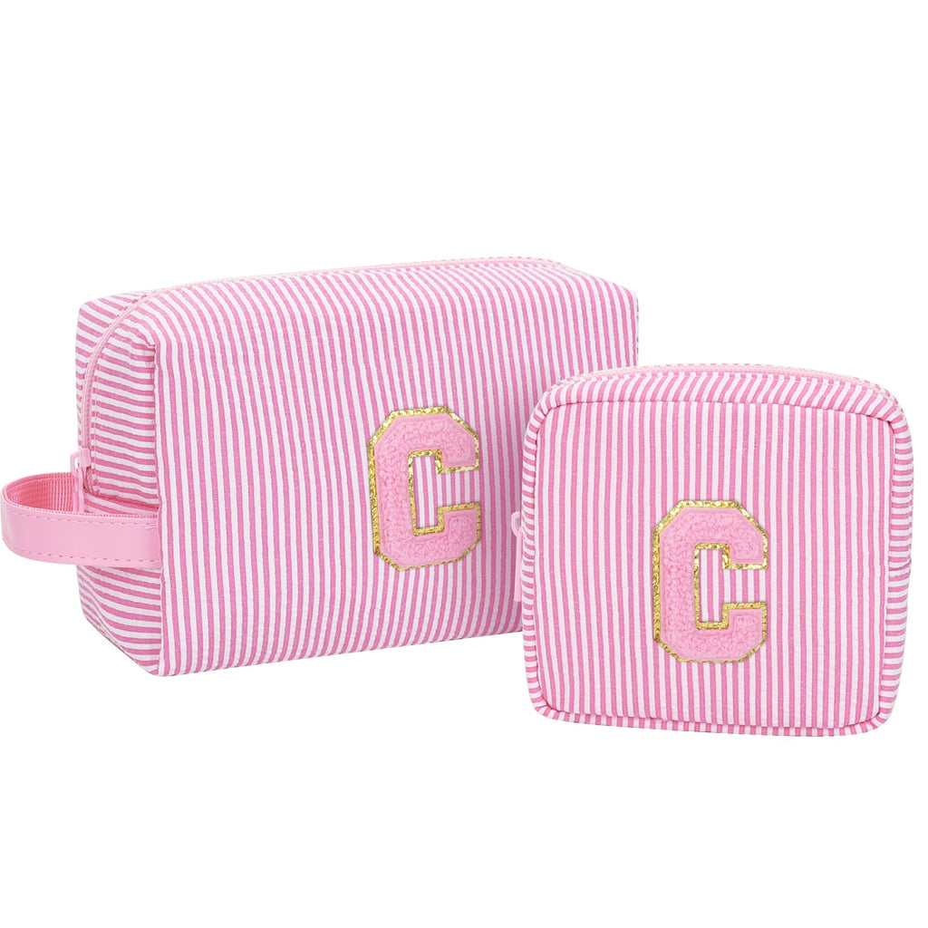 MONSTINA Personalized Initial Makeup Bag| Toiletry Bag for Girls&Women,Make Up Case for Girlfriend Bridesmaid Wife,Birthday Gift for Her Cute,2PCS,Pink C