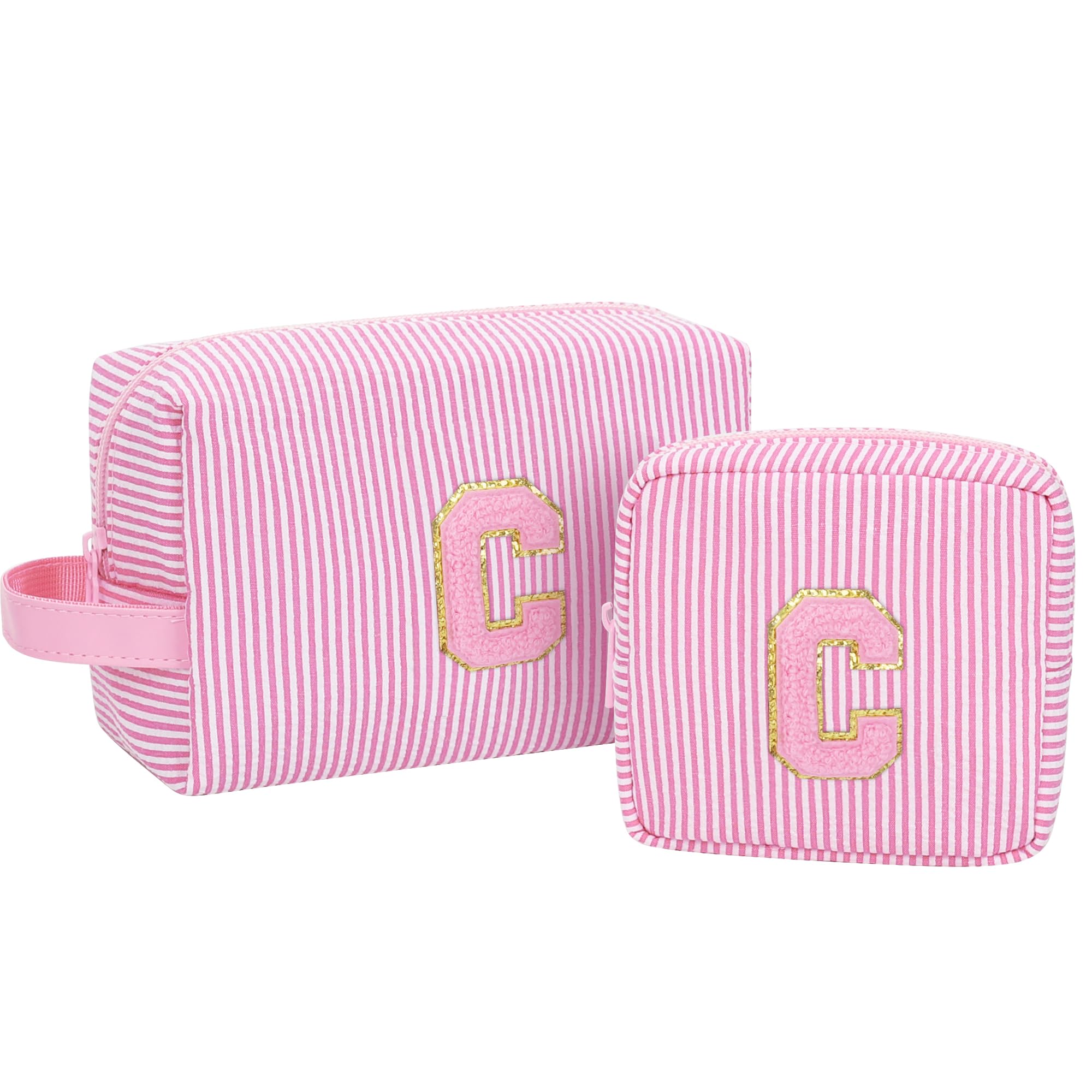 MONSTINA Personalized Initial Makeup Bag| Toiletry Bag for Girls&Women,Make Up Case for Girlfriend Bridesmaid Wife,Birthday Gift for Her Cute,2PCS,Pink C