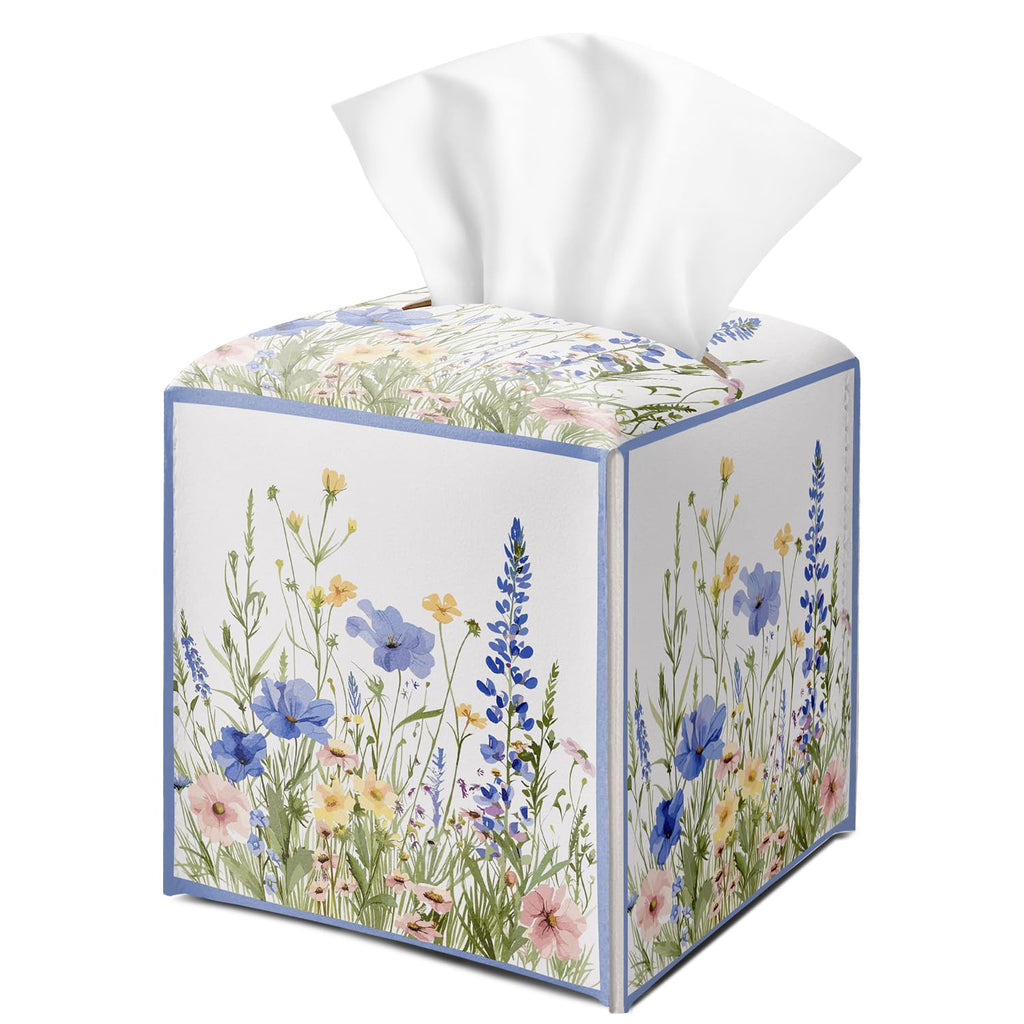 Wildflowers Tissue Box Cover Square with Bottom Belt, Floral Leather Waterproof Tissue Holder Facial Paper Case for Tabletop Home Office Bathroom Car Decor -07