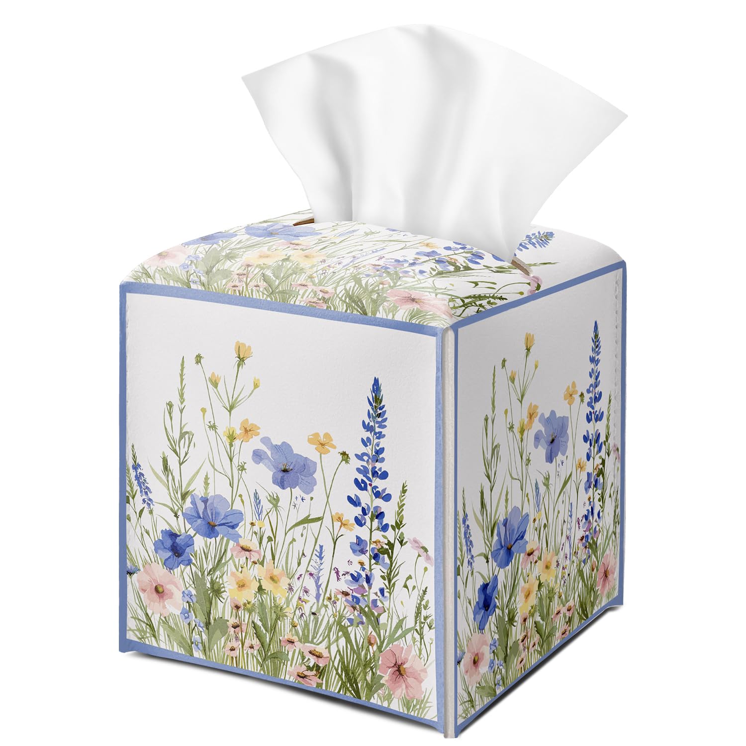 Wildflowers Tissue Box Cover Square with Bottom Belt, Floral Leather Waterproof Tissue Holder Facial Paper Case for Tabletop Home Office Bathroom Car Decor -07
