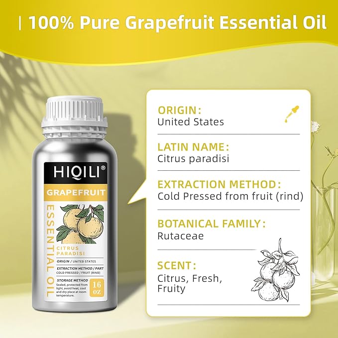 HIQILI Grapefruit Essential Oil for Skin Care, Diffuser & DIY