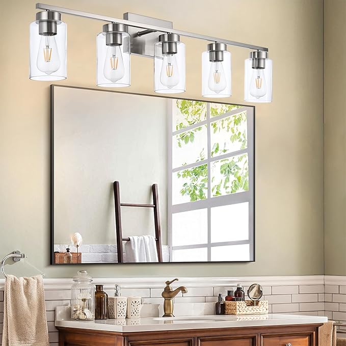 A1A9 5 Light Bathroom Vanity Light Fixtures, Brush Nickel Modern Wall Lights with Clear Glass Shade, Vintage Wall Sconce Lighting for Living Room, Mirror, Bedroom, Hallway (Nickel, 5-Lights)