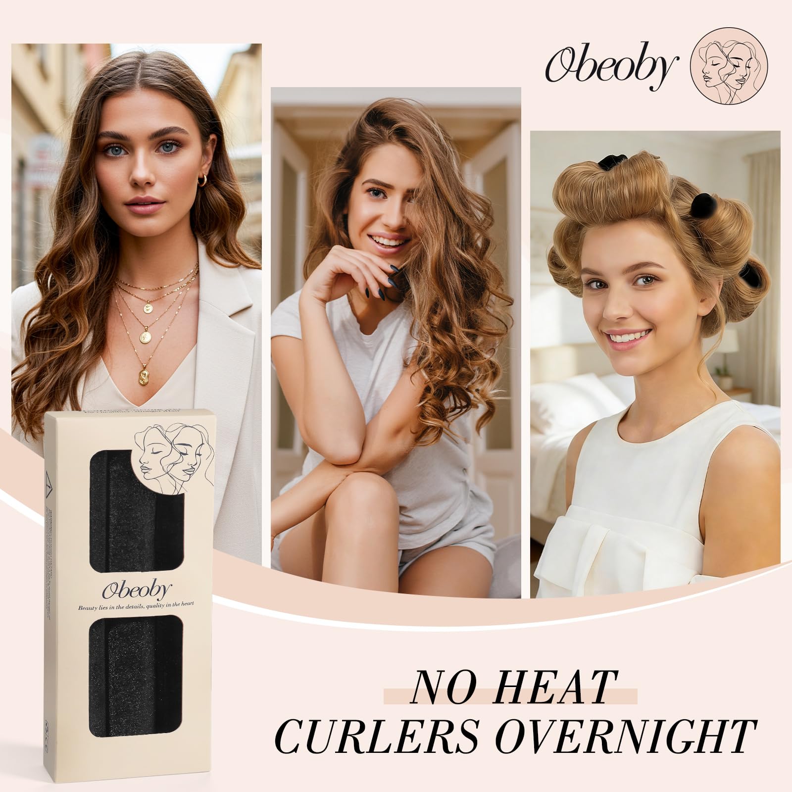 Heatless Curlers, Heatless Curls Overnight Set for Women, No Heat Hair Curlers to Sleep In, Jumbo Overnight Curls with Blowout Rods for Long Hair (Black, 3 Pack Curling Rod with 1 Scarf)
