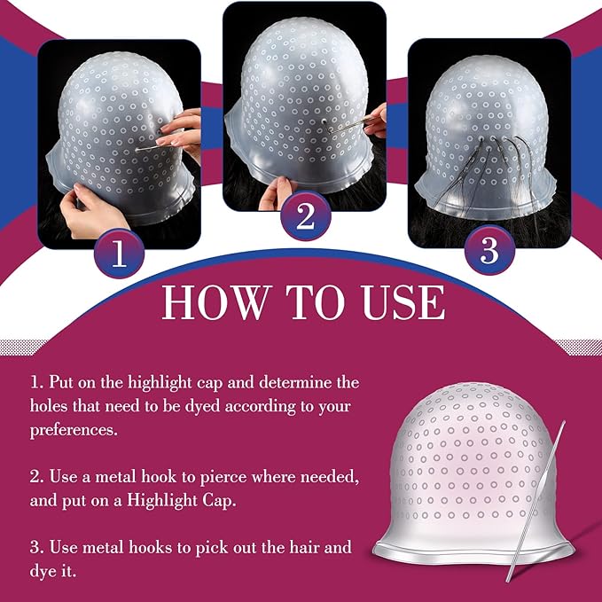 Silicone Highlight Cap with Hook and Gloves Hair Highlighting Kit Hair Dye Coloring Cap Reusable Pull Through Frosting Accessories for Salon Home Hairdressing