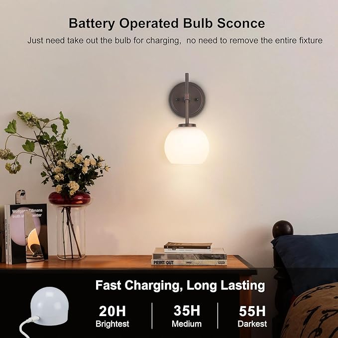 Oil Rubbed Bronze Wireless Rechargeable Wall Sconces Set of 2, Battery Operated Wall Lights with Remote Control, LED Dimmable Wall Lamp with Opal White Glass Shade, 12 Colors RGB & 3 CCT Bulb