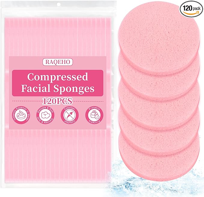 120pcs Compressed Facial Sponges - Round Face Sponge Disposable Travel Facial Cleansing Pads Makeup Sponge for Face Wash Exfoliating Remover Skin Care Beauty Tool Esthetician Essential（Pink）