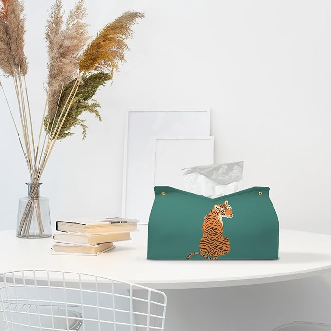 Green Tiger Leather Tissue Box Cover Rectangle,Vintage Tiger Decor Toilet Paper Box Holder,Decorative Facial Paper Case for Farmhouse Living Room Bathroom Kitchen Office Desk,9.8x5.9x5.9In