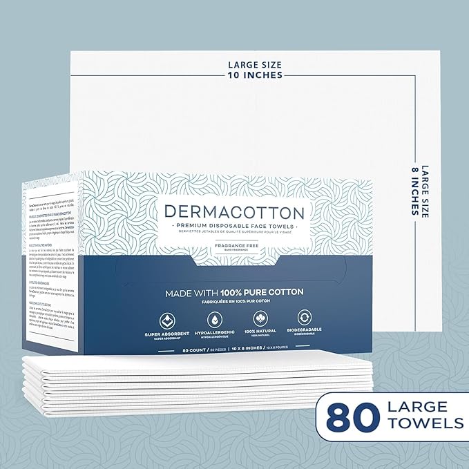 Dermacotton 100% Pure Cotton Face Towels – 240 Count Large Disposable Wash Cloths for Face Washing, Makeup Removal & Acne Care | Ultra Soft, Hypoallergenic & Fragrance-Free