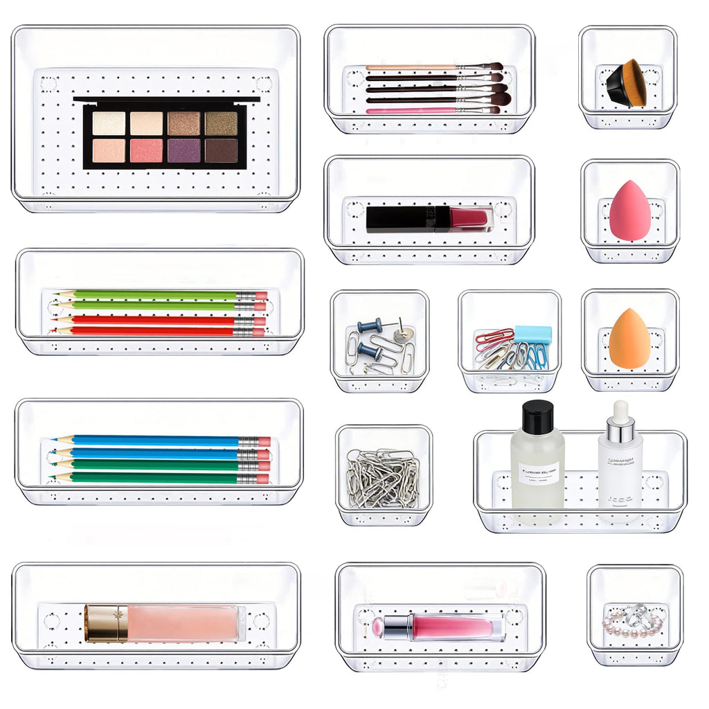 27 Pack Clear Plastic Drawer Organizer Set - 4 Sizes Makeup Vanity Organizer Chest of Drawers Storage Stackable Organizers Bins Divider Box for kitchens, Bedrooms, Bathrooms, Offices, Junk, Gadgets