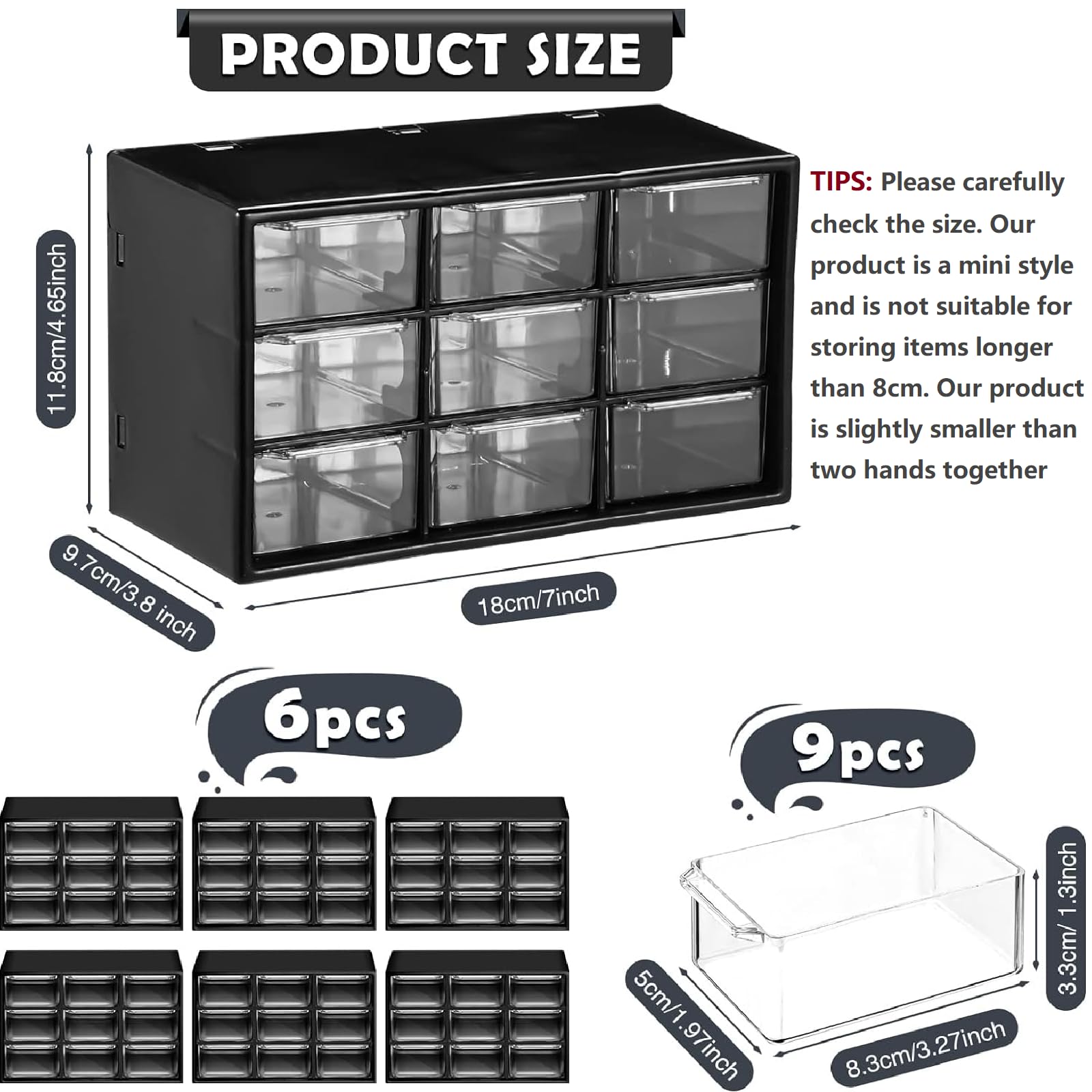 Amyhill 6 Pcs Mini Drawer Organizer Small Organizer with 9 Drawers Plastic Desktop Craft Storage Box for Office Home Room Jewelry Cosmetics Collection(Black)