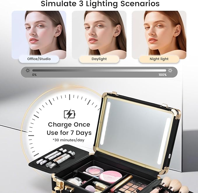 Faquenc Makeup Train Cases with Light Up Mirror 3 Color Setting, Lighted Makeup Case Organizer with Detachable Tray, Travel Makeup Box with Light for Make up Tools Storage (Black Moutain Shadow)