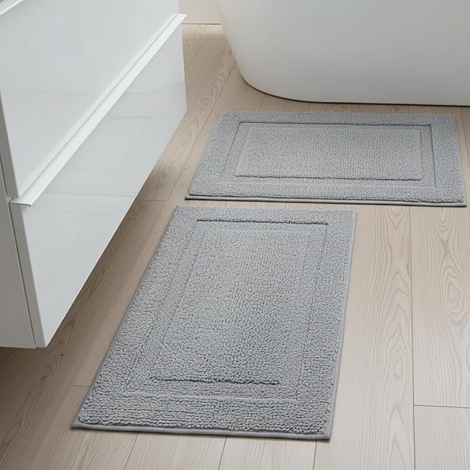 SHACOS Super Soft Bathroom Rugs Set of 2 Pieces 20x32 + 16x24 inch Non Slip Washable Bath Rugs Absorbent Bath Mats Microfiber Plush Rug for Bathroom Shower Tub, Light Grey