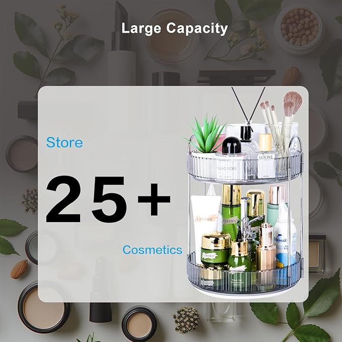 Niluks 360 Rotating Makeup Organizer, 2 Tier Lazy Susan Bathroom Counter Organizer, Skincare Organizers, Spinning Perfume Organizer & Vanity Organizer Countertop (Classic Grey, 2 Tier)