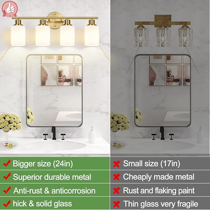 Zarbitta 4-Light Bathroom Light Fixtures, Brushed Gold Modern Vanity Lights with Milky White Frosted Glass Shades, Bathroom Wall Lamp for Mirror Kitchen Living Room
