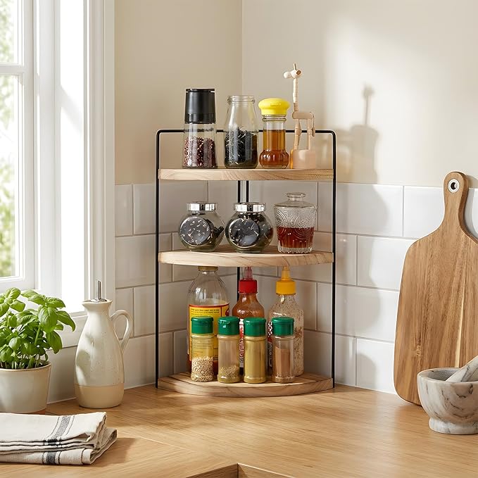 Corner Bathroom Counter Organizer Countertop Brown, 3-Tier Corner Shelf Wood Vanity Tray Easy Assembly Space Saving Shelf for Kitchen, Bathroom, Dresser, Makeup, Office